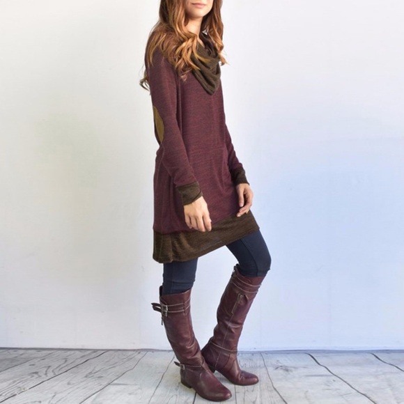 Elbow Patch Cowl Neck Faux Layers Colorblock Tunic - Picture 3 of 6
